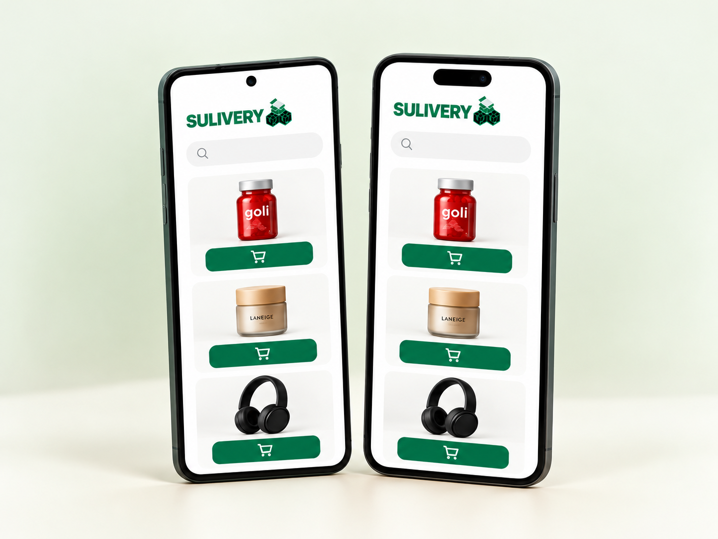 Illustratie van bestellen via de Sulivery-app op twee smartphones.
