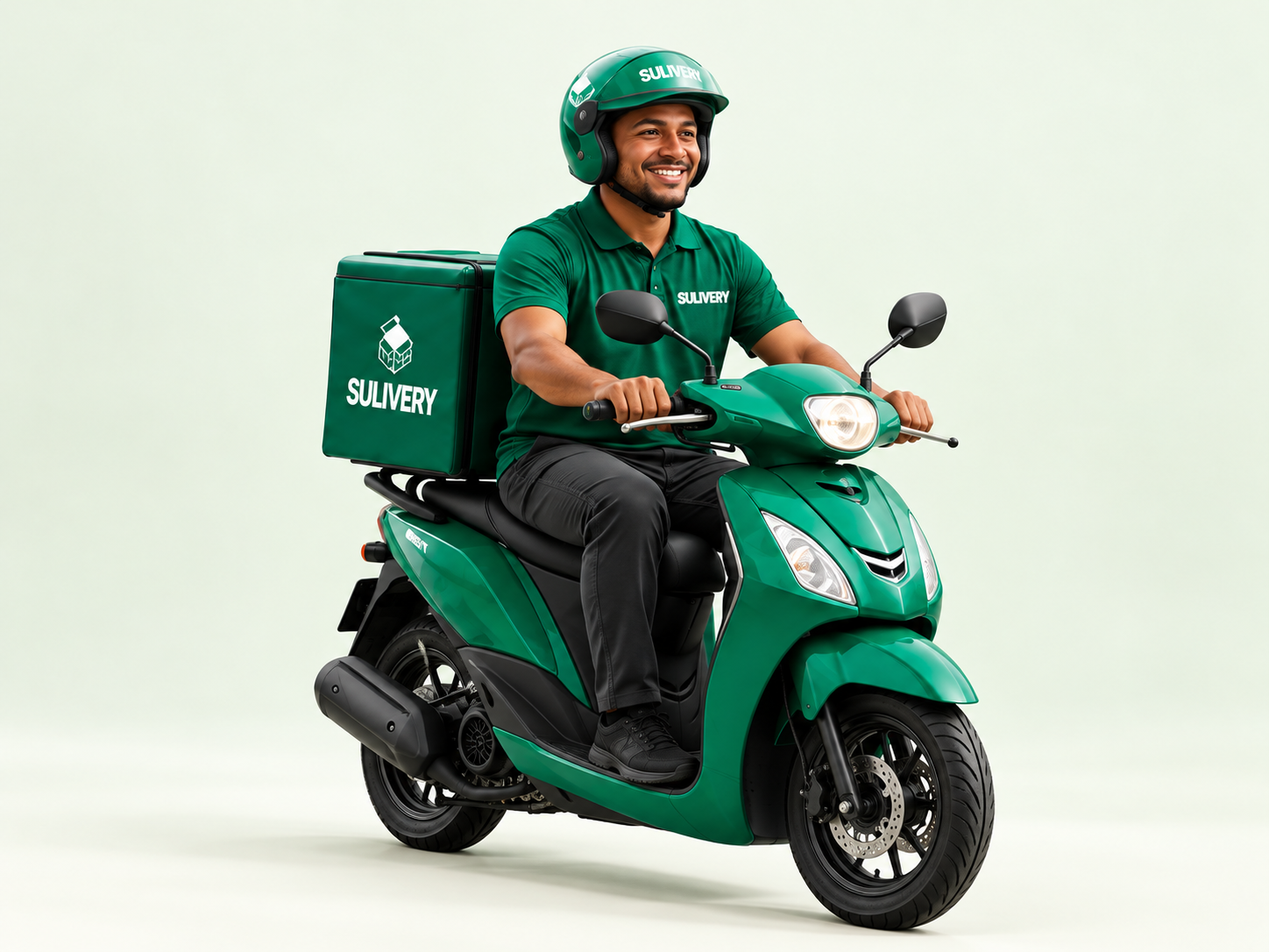 Sulivery-bezorger op een groene scooter.